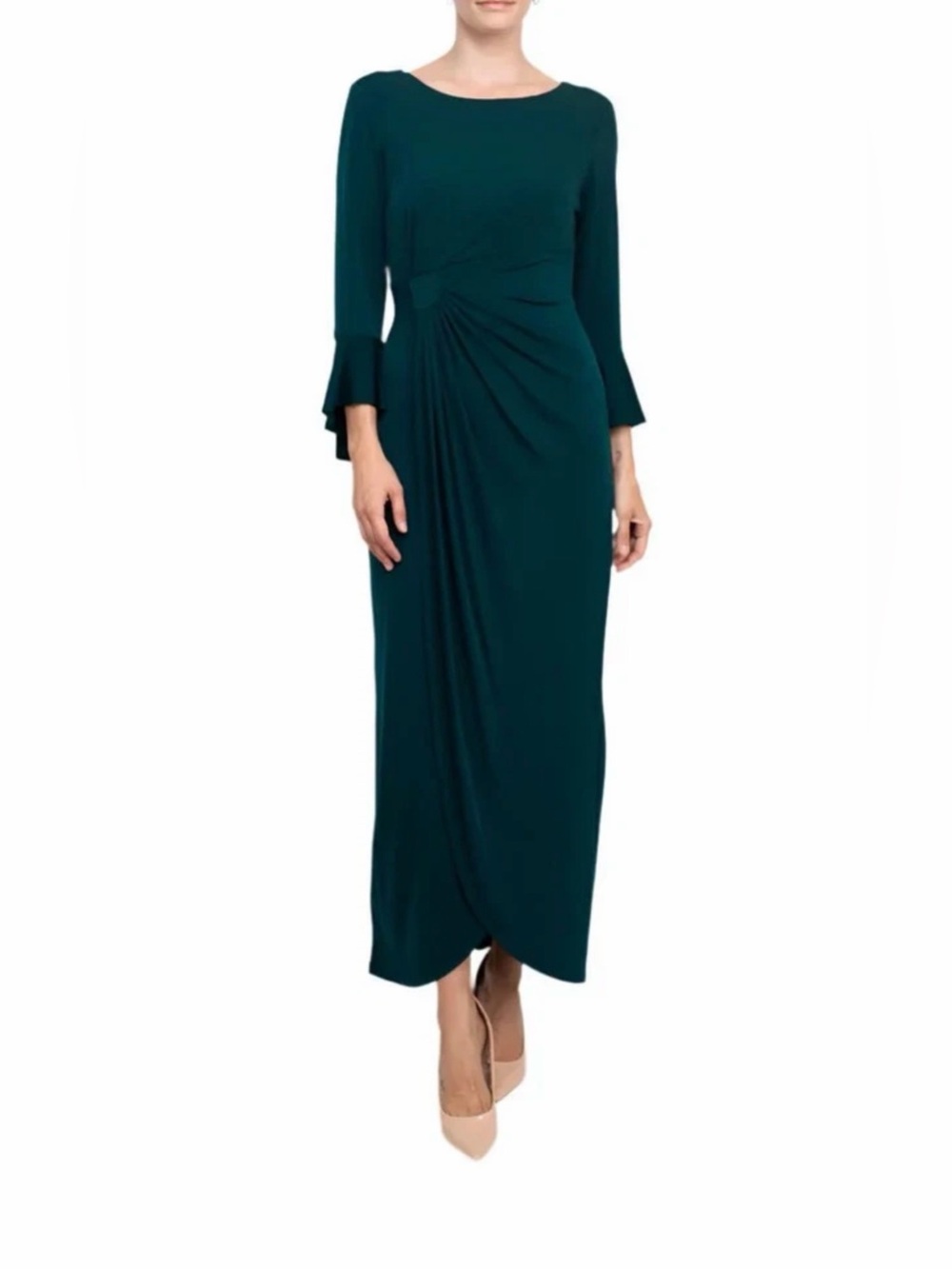 NWT Connected Apparel Green Faux Wrap Knotted Semi Fitted Jersey Knit Dress 16